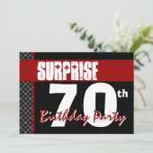 Überraschung 70. Geburtstag Rot und Schwarz V05 Einladung (Stehend Vorderseite)