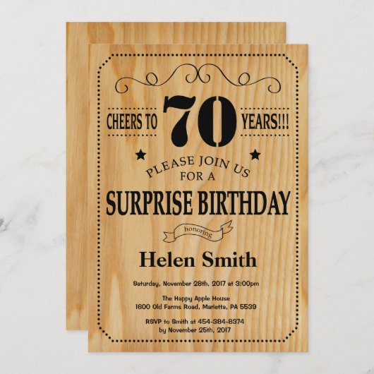 Überraschung 70. Geburtstag Rustikales Holz Einladung (Vorne/Hinten)