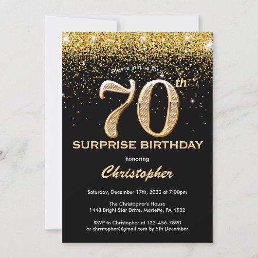 Überraschung 70. Geburtstag Schwarz und Gold Glitz Einladung (Vorderseite)