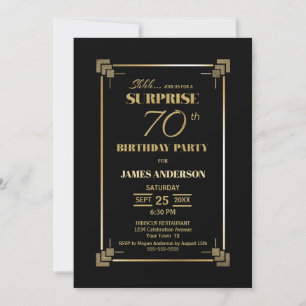 Überraschung 70. Geburtstag Schwarz und Gold Party Einladung