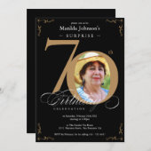 Überraschung 70. Geburtstag Schwarzes Gold Elegant Einladung (Vorne/Hinten)