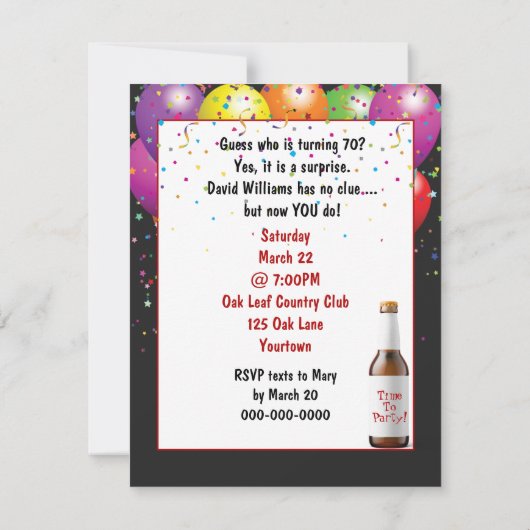 Überraschung 70. Geburtstagsfeier Einladung (Rückseite)