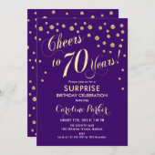Überraschung 70. Geburtstagsparty - Gold Lila Einladung (Vorne/Hinten)