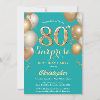 Überraschung 80. Geburtstag Aquamarin und Gold Bal Einladung