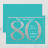 Überraschung 80. Geburtstag Aquamarin und Silberne Einladung (Vorne/Hinten)