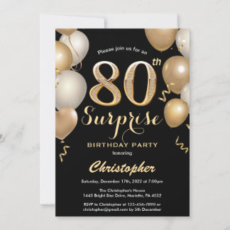Überraschung 80. Geburtstag Black and Gold Ballons Einladung