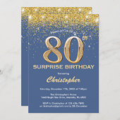 Überraschung 80. Geburtstag Blau und Gold Glitzer Einladung (Vorne/Hinten)