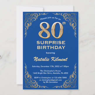 Überraschung 80. Geburtstag Blau und Gold Glitzer Einladung