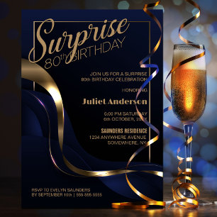 Überraschung 80. Geburtstag Blue Gold Party Einlad Einladung