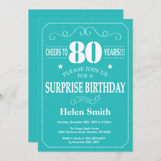 Überraschung 80. Geburtstag Einladung Aquamarin un (Vorne/Hinten)