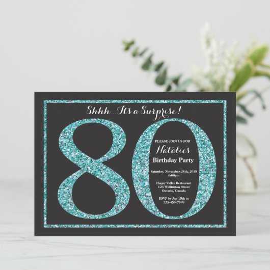 Überraschung 80. Geburtstag Einladung Aquamarinen (Stehend Vorderseite)