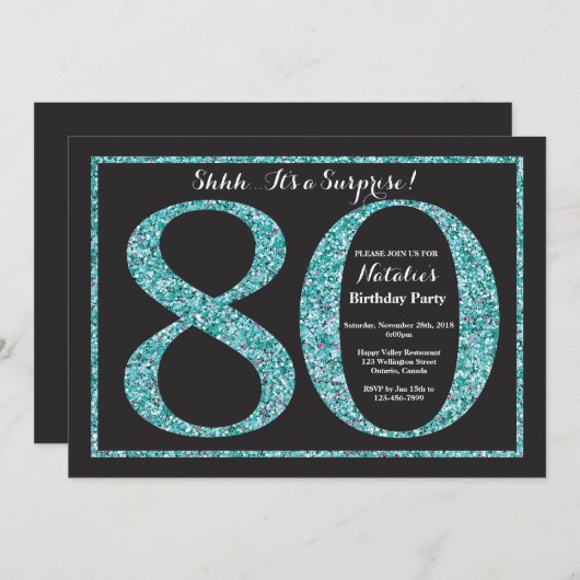 Überraschung 80. Geburtstag Einladung Aquamarinen (Vorne/Hinten)