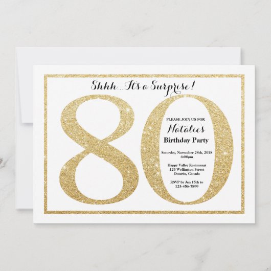 Überraschung 80. Geburtstag Einladung Gold Glitzer (Vorderseite)