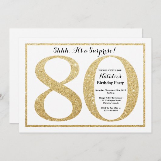 Überraschung 80. Geburtstag Einladung Gold Glitzer (Vorne/Hinten)