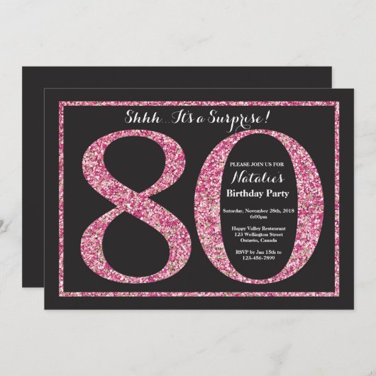 Überraschung 80. Geburtstag Einladung Pink Glitzer (Vorne/Hinten)