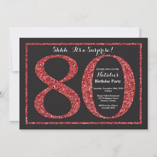 Überraschung 80. Geburtstag Einladung Roter Glitze (Vorderseite)