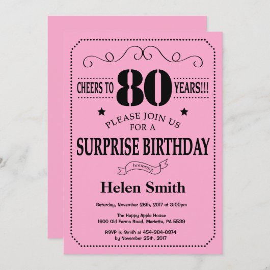 Überraschung 80. Geburtstag Einladung Schwarz und  (Vorne/Hinten)