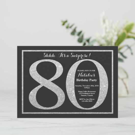 Überraschung 80. Geburtstag Einladung Silberner Gl (Stehend Vorderseite)