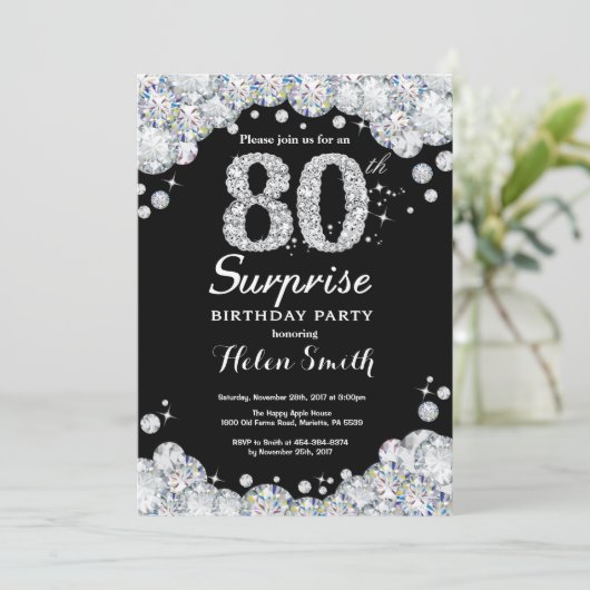 Überraschung 80. Geburtstag Einladung Silver Diamo (Stehend Vorderseite)