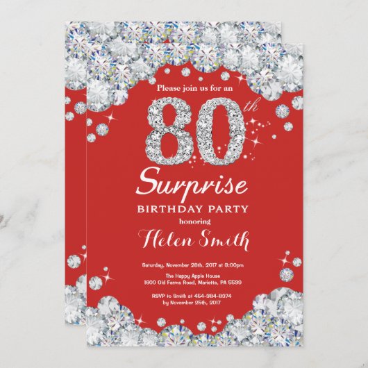 Überraschung 80. Geburtstag Einladung Silver Diamo (Vorne/Hinten)