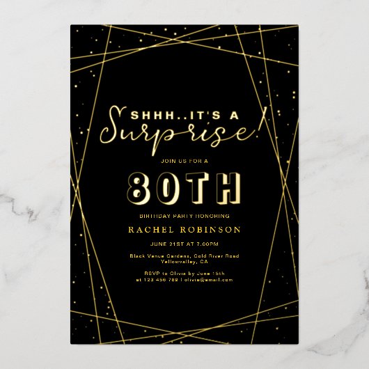 Überraschung 80. Geburtstag Geometrisch Schwarz & Folieneinladung (Vorderseite)