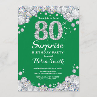 Überraschung 80. Geburtstag Grün und Silver Diamon Einladung