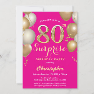 Überraschung 80. Geburtstag Hot Pink und Gold Ball Einladung