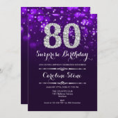 Überraschung 80. Geburtstag - Lila Silber Einladung (Vorne/Hinten)