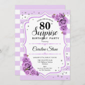 Überraschung 80. Geburtstag - Lila Weiß Einladung (Vorne/Hinten)