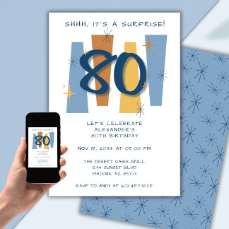 Überraschung 80. Geburtstag Mitten Jahrhundert Mod Einladung