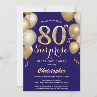 Überraschung 80. Geburtstag Navy Blue und Gold Bal Einladung