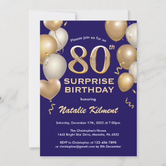 Überraschung 80. Geburtstag Navy Blue und Gold Bal Einladung