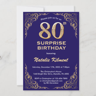 Überraschung 80. Geburtstag Navy Blue und Gold Gli Einladung