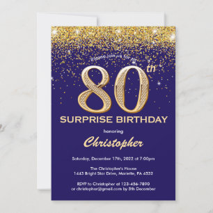 Überraschung 80. Geburtstag Navy Blue und Gold Gli Einladung