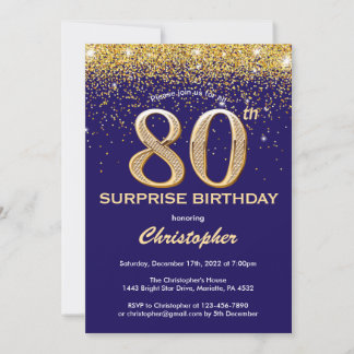 Überraschung 80. Geburtstag Navy Blue und Gold Gli Einladung