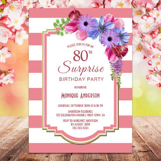 Überraschung 80. Geburtstag Pink gestreift florale Einladung
