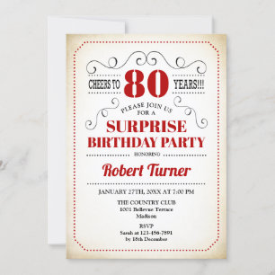 Überraschung 80. Geburtstag - Rotes Weiß Schwarz Einladung