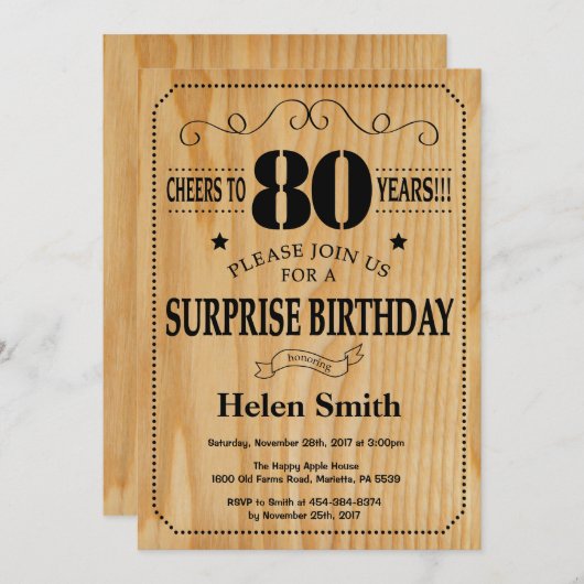 Überraschung 80. Geburtstag Rustikales Holz Einladung (Vorne/Hinten)