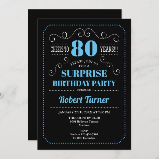 Überraschung 80. Geburtstag - Schwarz Blau Einladung (Vorne/Hinten)