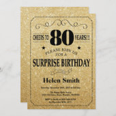Überraschung 80. Geburtstag Schwarz und Gold Glitz Einladung (Vorne/Hinten)