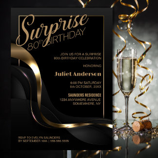 Überraschung 80. Geburtstag Schwarze Gold Party Ei Einladung