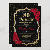 Überraschung 80. Geburtstag - Schwarze Gold Rote E Einladung (Vorne/Hinten)