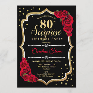Überraschung 80. Geburtstag - Schwarze Gold Rote E Einladung