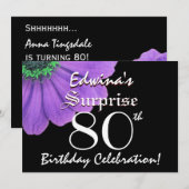 ÜBERRASCHUNG 80. Geburtstag Schwarze und Lila Peta Einladung (Vorne/Hinten)