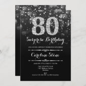 Überraschung 80. Geburtstag - Schwarzes Silber Einladung (Vorne/Hinten)