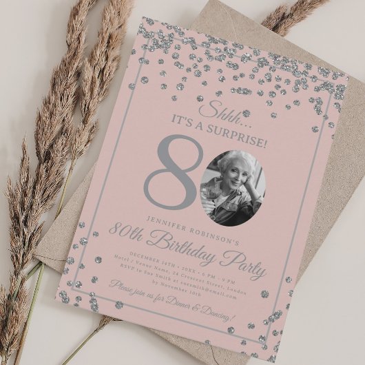Überraschung 80. Geburtstag Silbernes Konfetti Ros Einladung
