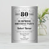Überraschung 80. Geburtstag - Silberschwarz Einladung (Stehend Vorderseite)