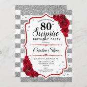 Überraschung 80. Geburtstag - Silver White Red Einladung (Vorne/Hinten)