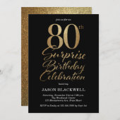 Überraschung 80. Geburtstagsfeier Black & Gold Einladung (Vorne/Hinten)