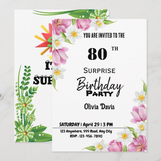 Überraschung 80. Geburtstagsparty Einladung (Vorne/Hinten)